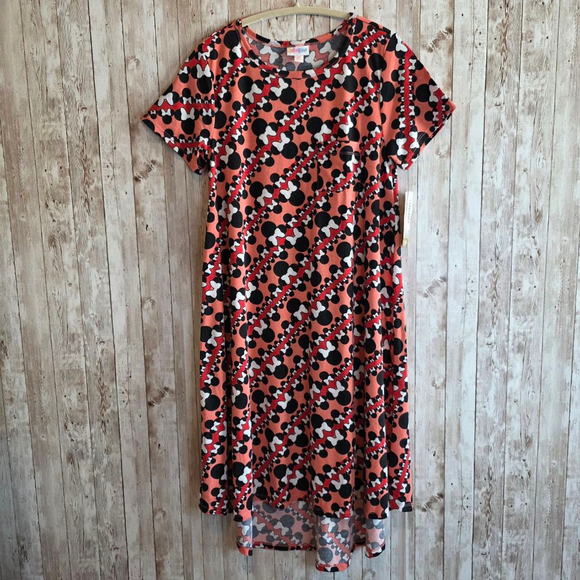 Women's LuLaRoe Disney Carly Dress XS Peach Red Mickey Mouse Print - Picture 1 of 8